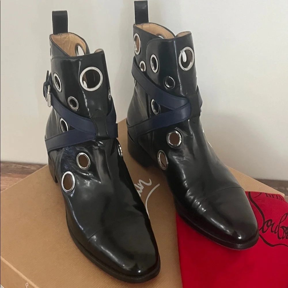 Christian Louboutin Black Patent Leather Eyelet Ankle Boots with Navy Strap